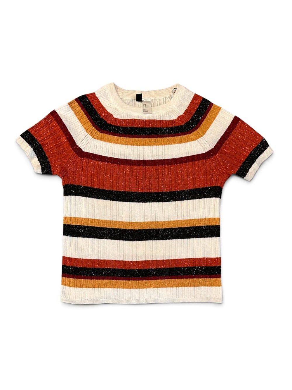 H&M Short-Sleeve Striped Knit Top in Cream, Rust & Black